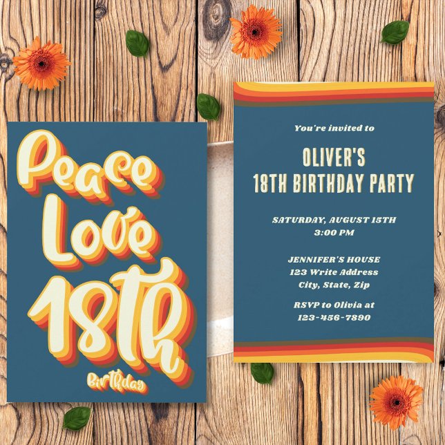 Invitation Peace Love Blue Retro Coucher de soleil Super 18e  (Front and Back)