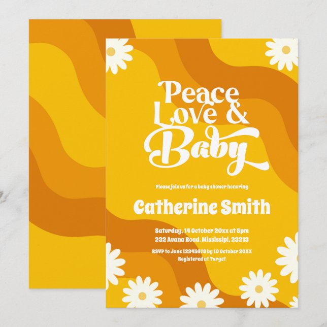 Invitation Peace Love et Baby Retro Baby shower (Devant / Derrière)