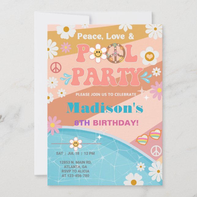 Invitation Peace Love et Pool Party anniversaire super. (Devant)