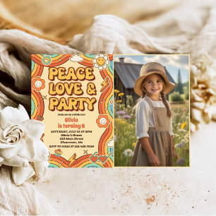 Invitation Peace Love Party Retro Arc-en-ciel 6e anniversaire