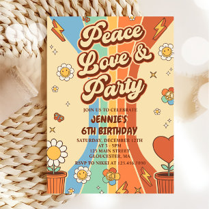 Invitation Peace Love Party Retro Rainbow 6e anniversaire