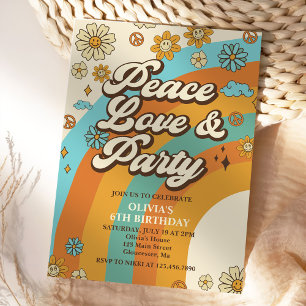 Invitation Peace Love Party Retro Rainbow 6e anniversaire