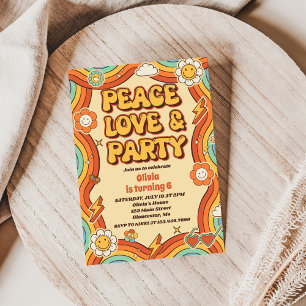 Invitation Peace Love Party Retro Rainbow 6e anniversaire