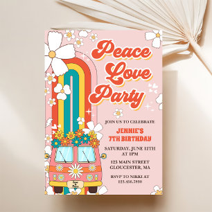 Invitation Peace Love Party Retro Rainbow 7e anniversaire