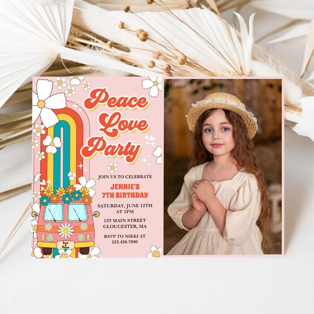 Invitation Peace Love Party Retro Rainbow 7th Birthday Photo (Créateur téléchargé)