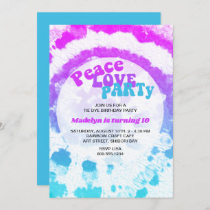 Invitation Peace Love Party Rose Turquoise Tie Dye Anniversai