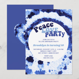 Invitation Peace Love Party Shibori Blue Tie Dye Anniversaire