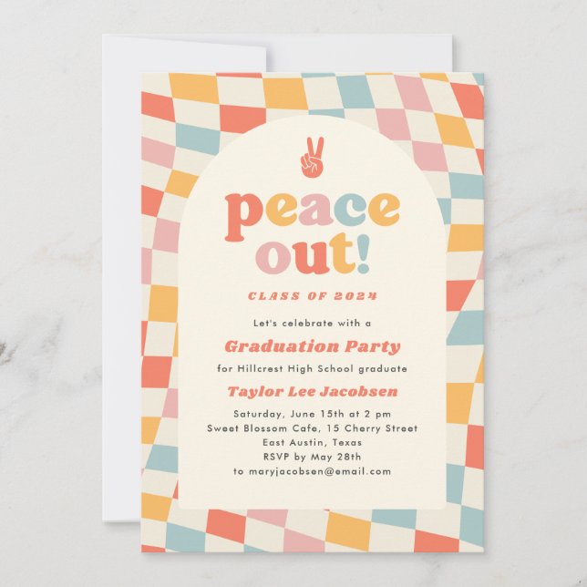 Invitation Peace Out Retro Super les années 70 Graduation Par (Devant)