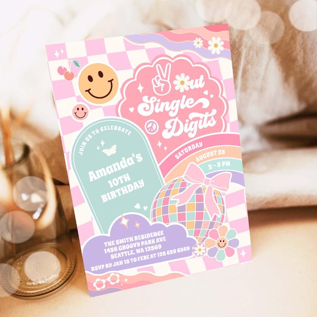 Invitation Peace Out Single Digits Rainbow Disco Birthday (Créateur téléchargé)