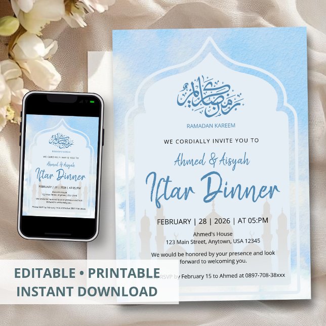 Invitation Peaceful Blue Watercolor Mosque Arch Iftar (Créateur téléchargé)