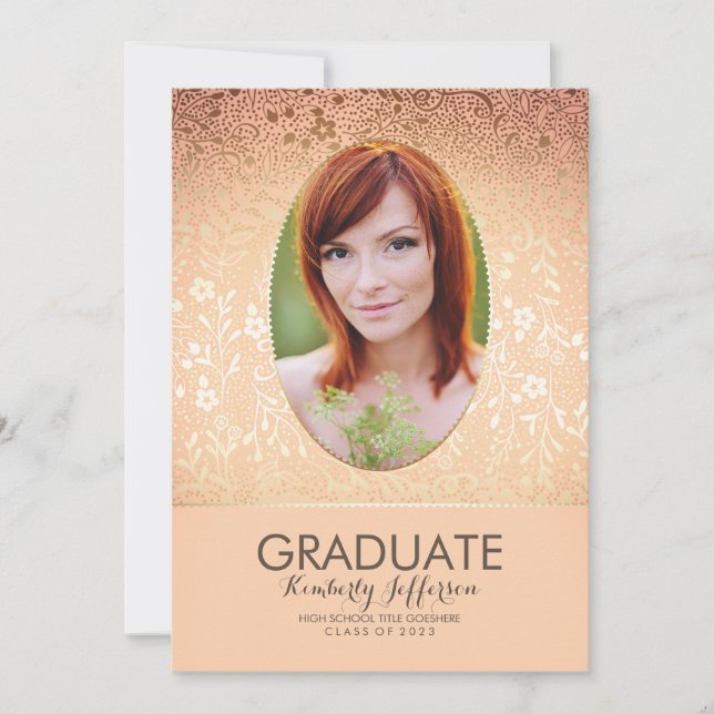 Invitation Peach and Gold Floral Chic Photo Graduation Party (Devant)