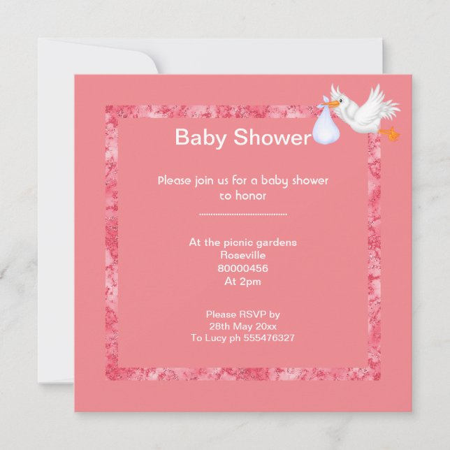 Invitation Peach Apricot Marbre baby shower argenté cigogne (Devant)