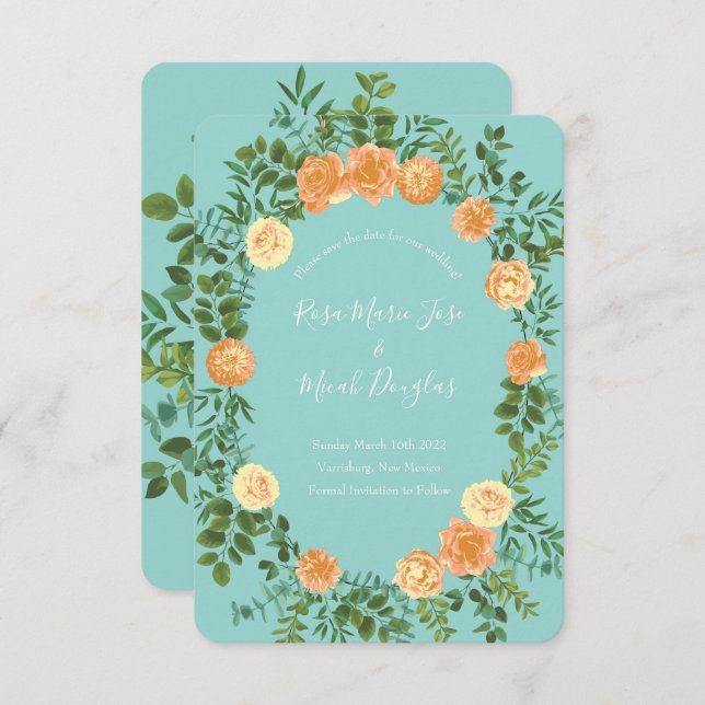 Invitation Peach & Aqua Peony Rose Floral Mariage Date de sau (Devant / Derrière)