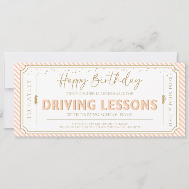 Invitation Peach Birthday Driving Lessons Gift Voucher Card (Devant)