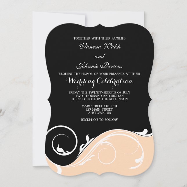 Invitation Peach Black Swirl Bracket Wedet invite (Devant)