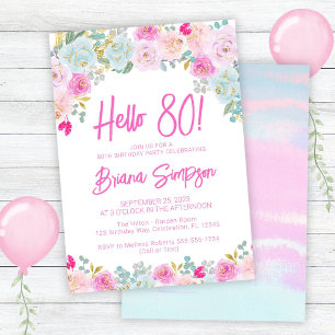Invitation Peach bleu rose violet floral 80e fête d'anniversa