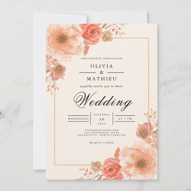 Invitation Peach Blossom Border Wedding (Devant)
