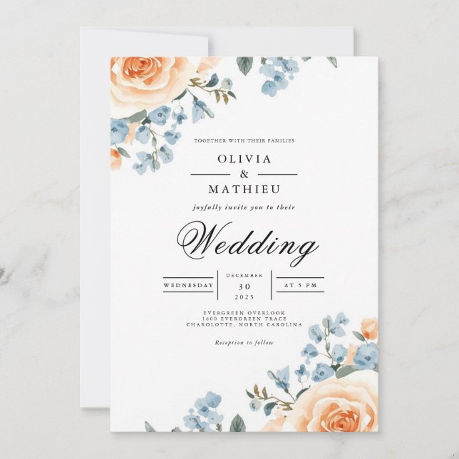Invitation Peach Blue Botanical Flourish Wedding (Devant)