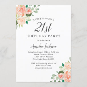 Invitation Peach Blush Aquarelle Floral 21e fête d'anniversai