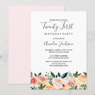 Invitation Peach Blush Aquarelle Floral 21e fête d'anniversai