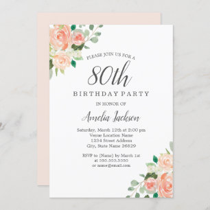 Invitation Peach Blush Aquarelle Floral 80e fête d'anniversai