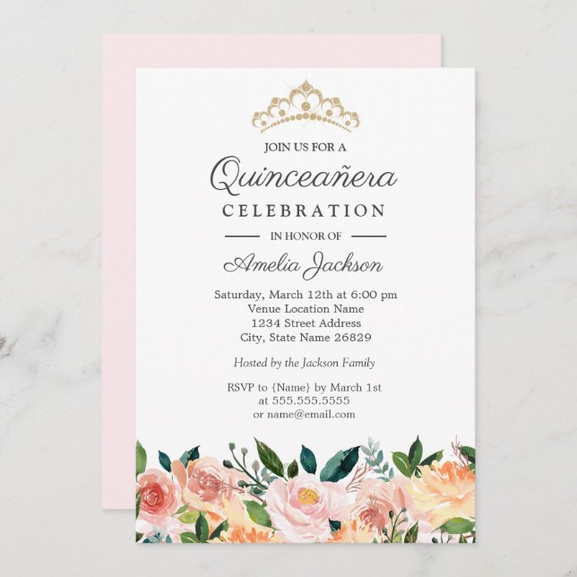 Invitation Peach Blush Aquarelle Florale Quinceanera (Devant / Derrière)