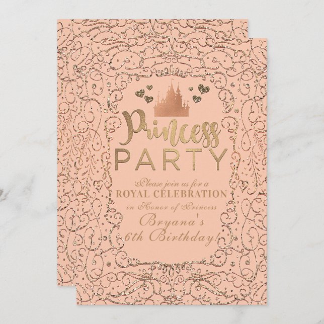 Invitation Peach Blush Gold Castle PRINCESS Fête Anniversaire (Devant / Derrière)