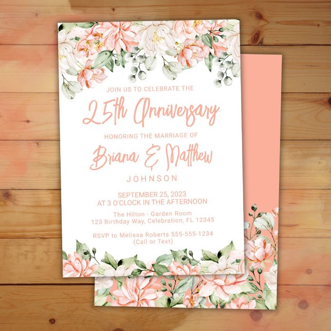 Invitation Peach Blush Ivory Floral 25e Anniversaire de Maria (Créateur téléchargé)