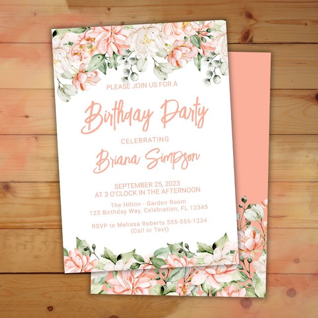 Invitation Peach Blush Ivory Floral fête d'anniversaire (Créateur téléchargé)