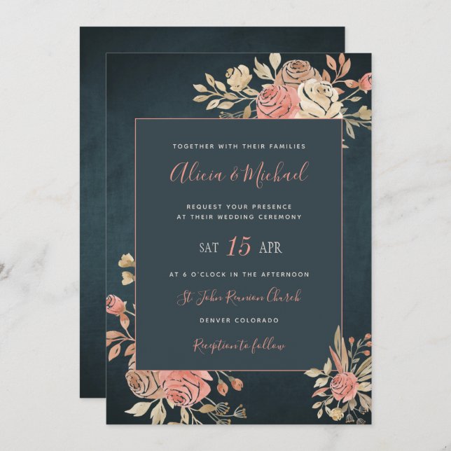 Invitation Peach Blush Moody Floral Daral Navy Mariage bleu (Devant / Derrière)