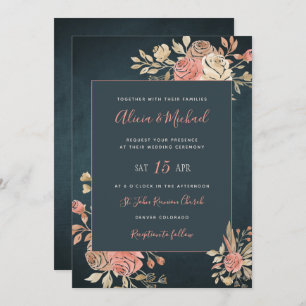 Invitation Peach Blush Moody Floral Daral Navy Mariage bleu