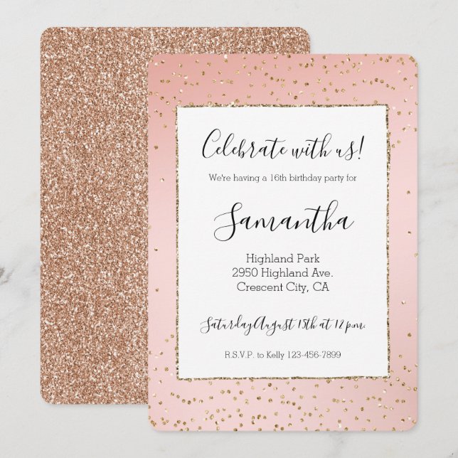 Invitation Peach Blush Pink Ombre Gold Parties scintillant Co (Devant / Derrière)