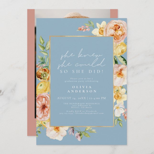 Invitation Peach Blush Spring Floral Dusty Blue Graduation (Devant / Derrière)