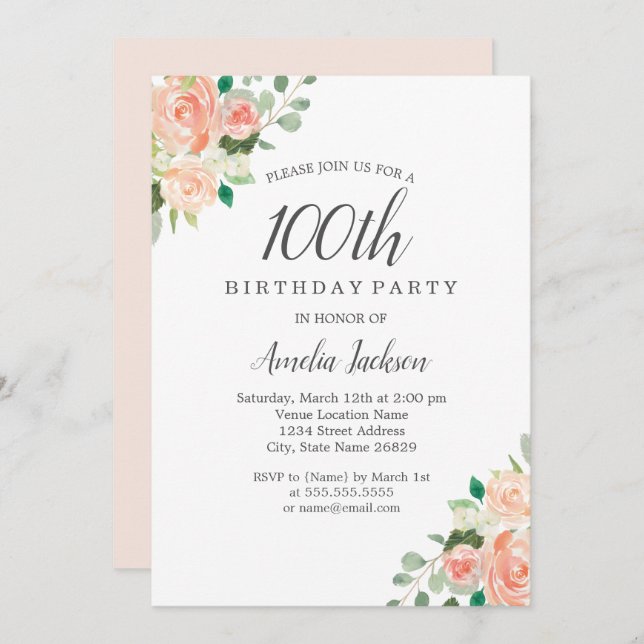 Invitation Peach Blush Watercolor Floral 100e fête d'annivers (Devant / Derrière)