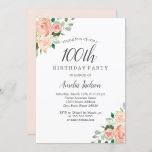 Invitation Peach Blush Watercolor Floral 100e fête d'annivers