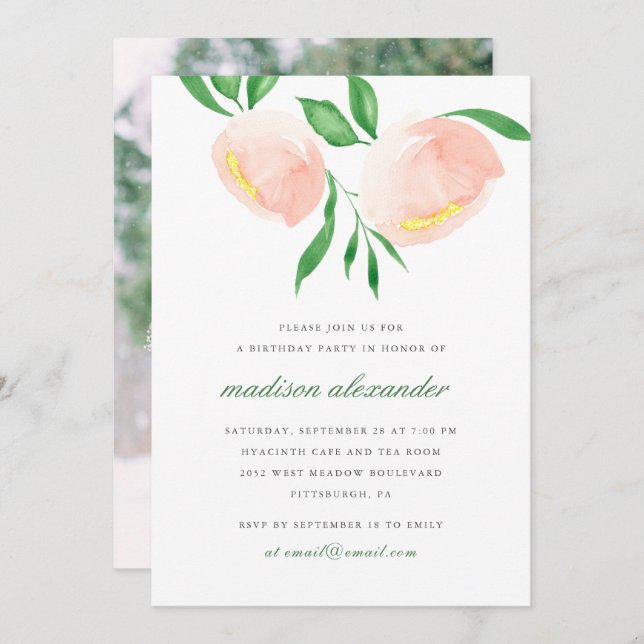 Invitation Peach Blush Watercolor Flower Photo Anniversaire (Devant / Derrière)