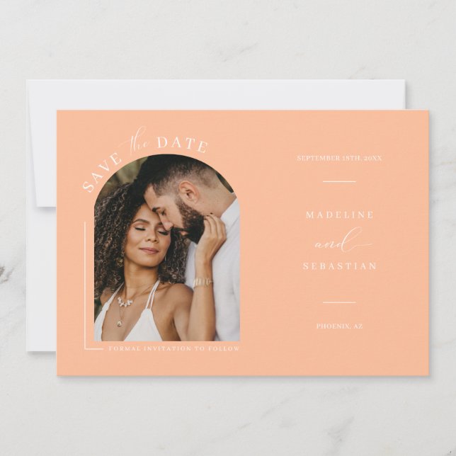 Invitation Peach Boho Arch Photo QR Code Enregistrer la date (Devant)