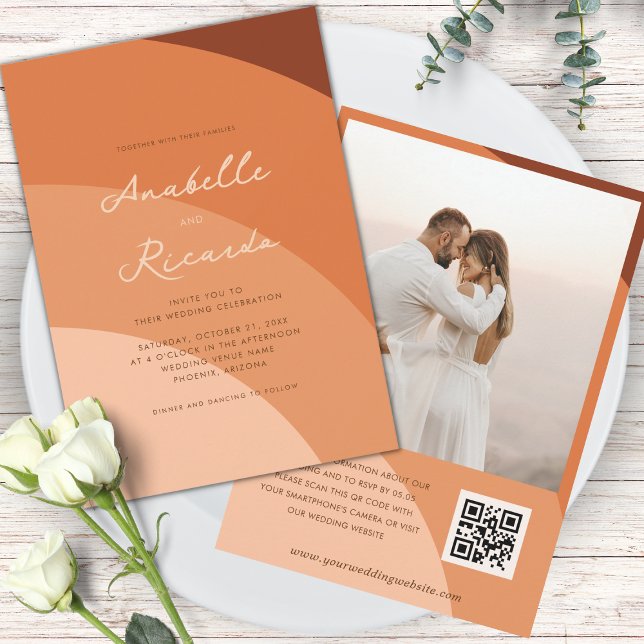 Invitation Peach Boho Waves Script moderne QR Code Mariage (Créateur téléchargé)