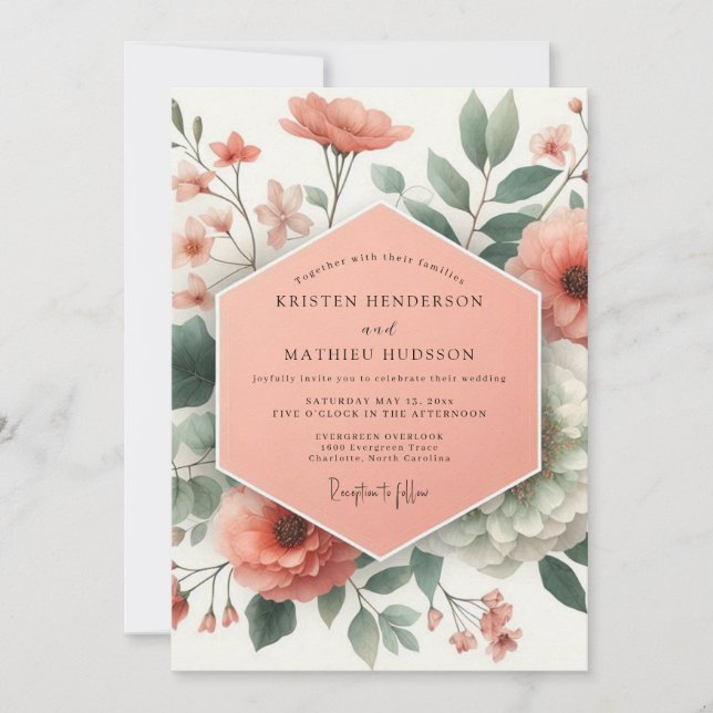 Invitation Peach Botanical Romance Wedding (Devant)