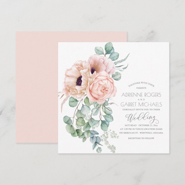 Invitation Peach Bouquet & Eucalyptus Mariage de verdure (Devant / Derrière)