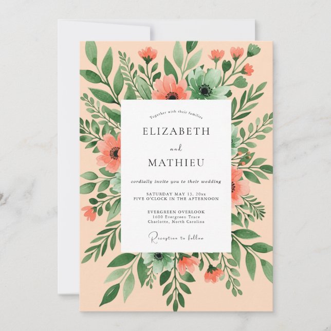 Invitation Peach Breezy Watercolor Wedding (Devant)