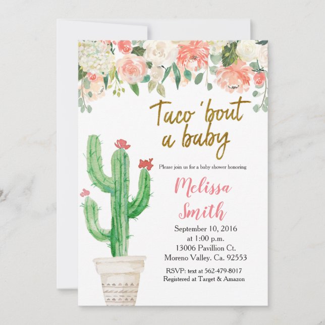 Invitation Peach Cactus Baby shower floral Taco Bout Baby (Devant)
