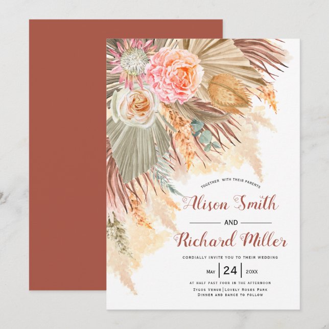 Invitation Peach cactus fleurs doux mariage arche en terre cu (Devant / Derrière)