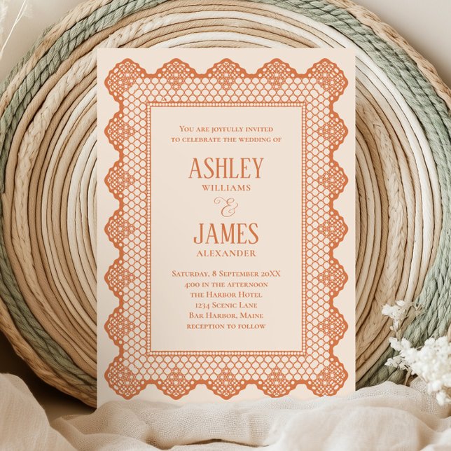 Invitation Peach Chantilly Lace Border All in One Wedding (Créateur téléchargé)