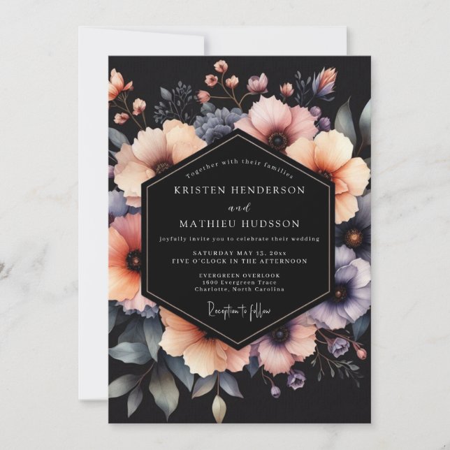 Invitation Peach Charcoal Dramatic Bloom Wedding (Devant)