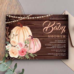 Invitation Peach Citrouille Floral Grange Baby shower en bois