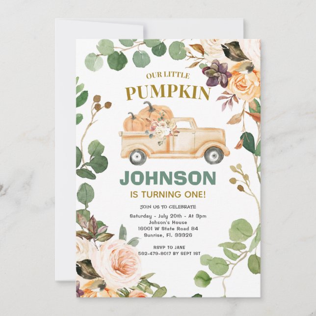 Invitation Peach Citrouille Truck Party Automne 1er anniversa (Devant)