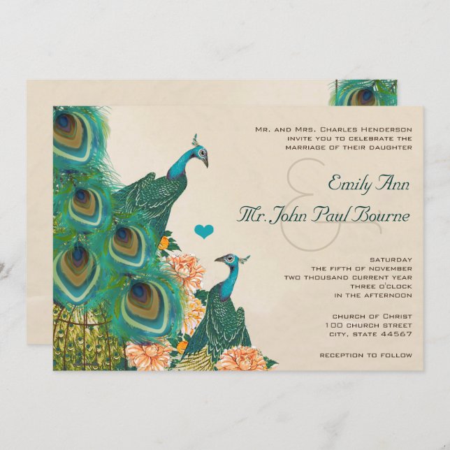Invitation Peach Coral Apricot Peony Birdcage Mariage Peacock (Devant / Derrière)