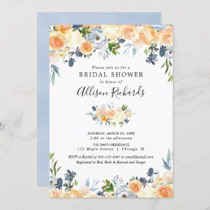 Invitation Peach coral bleu floral aquarelle nuptiale