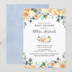 Invitation Peach coral blue floral girl baby shower